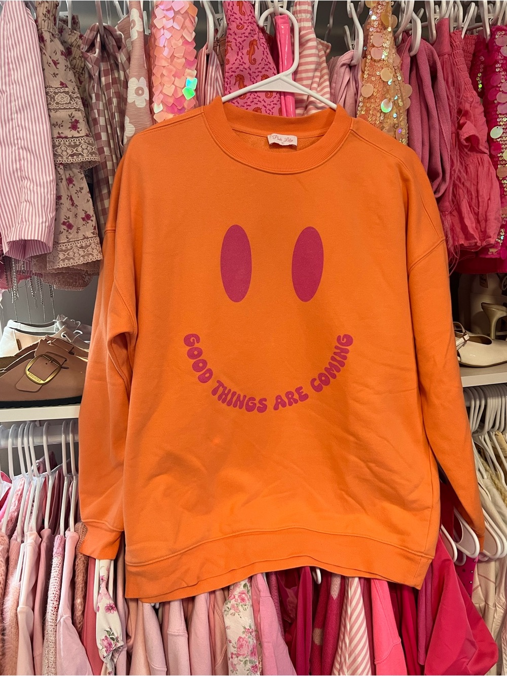 Pink Lilly-Orange Graphic Crewneck Sweatshirt - Good Things Are Coming